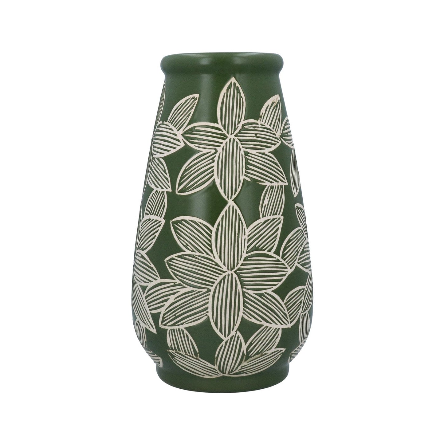 Green Etched Flowers Stoneware Decorative Vase - 30cm